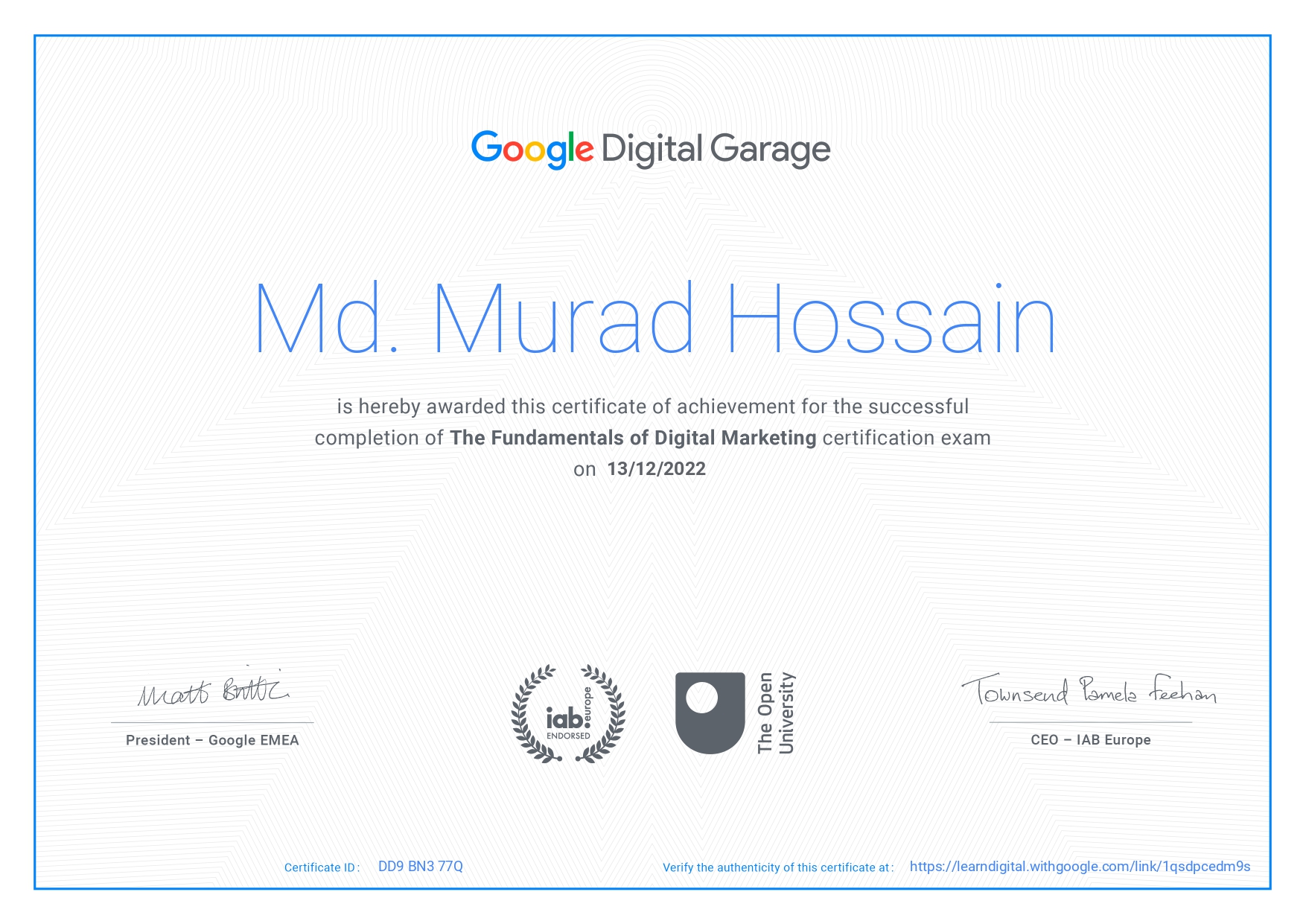 Md. Murad Hossain Google Certified Digital Marketer